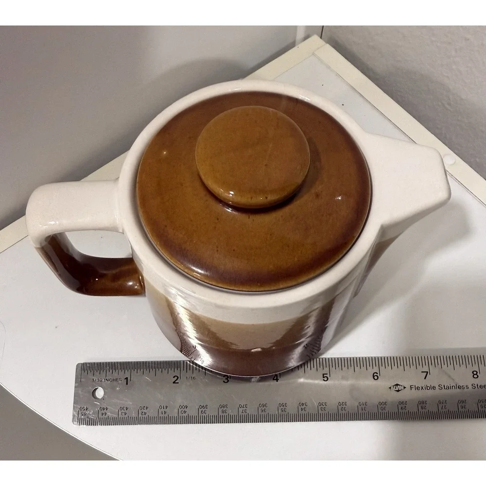 Vintage Pottery Tea Pot Creamer Tan Brown Specked Glaze with Lid Made in Japan